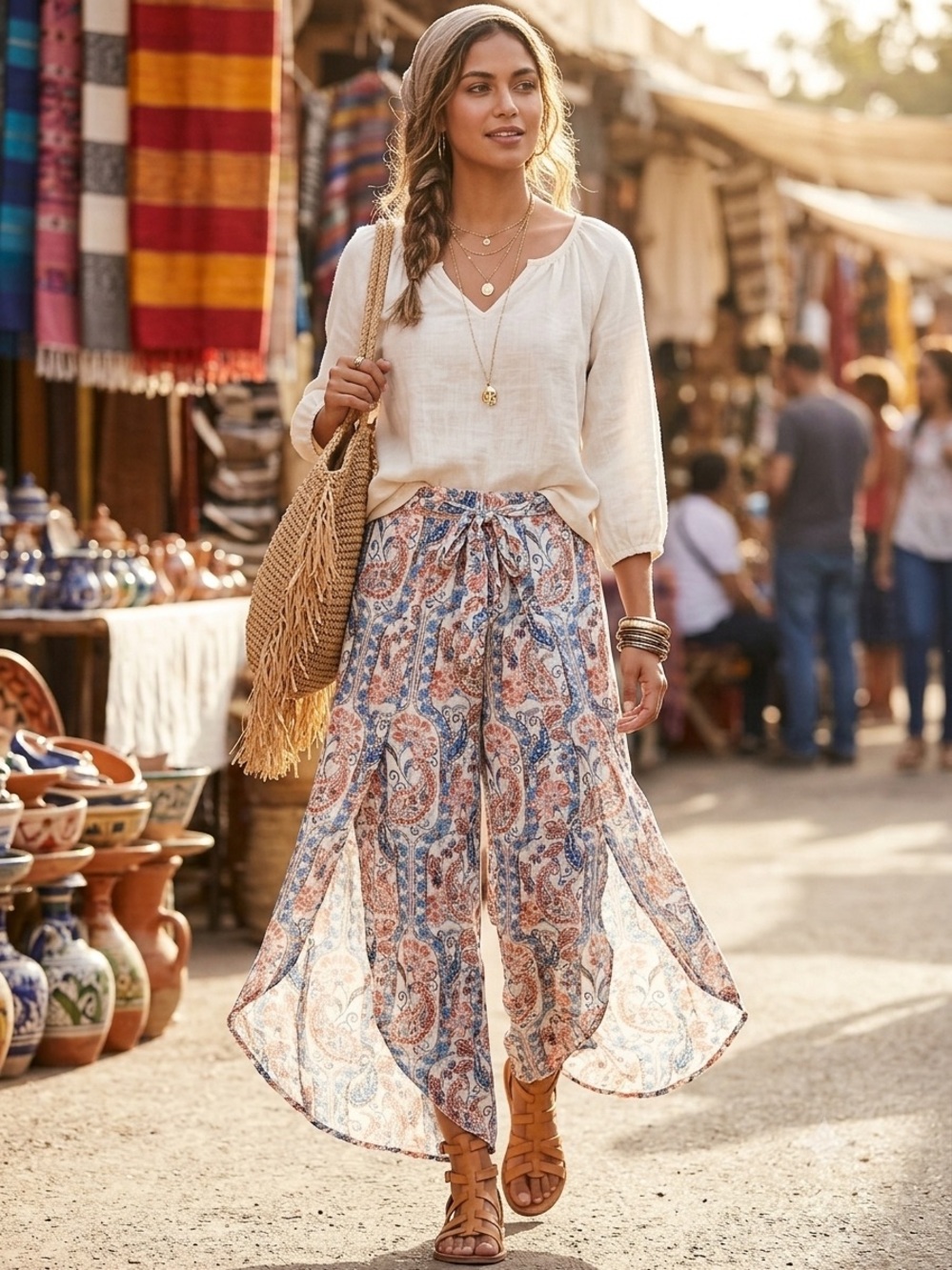 BCX  Paisley Floral pant -skirt High-Low  with Blue & Rust Accents size M